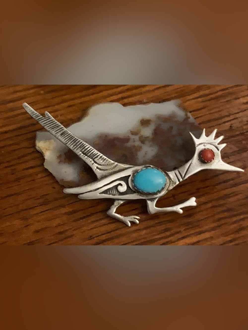 Vintage Sterling Native American Turquoise & Coral Roadrunner Brooch 6.58 grams